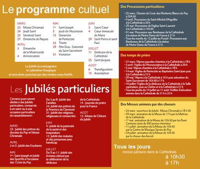 Le programme cultuel pour le Jubilé du Puy 2016
